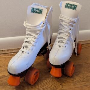 Vintage Hyde Size 10 White Roller Skates with Orange Wheels